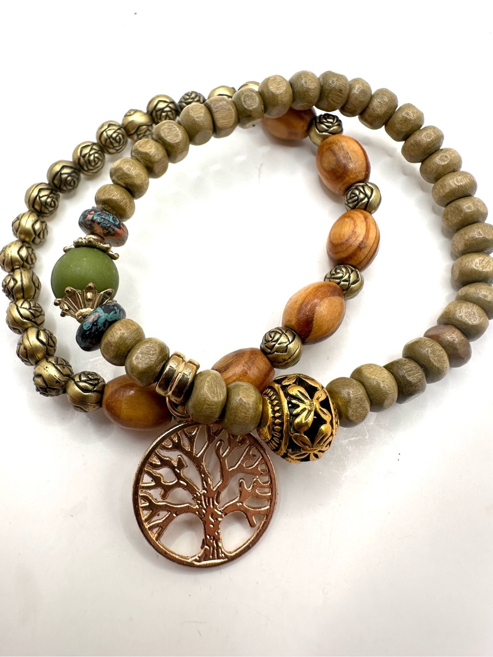 Fashion: Green and Wood Beaded Tree of Life Stretch Bracelet Set